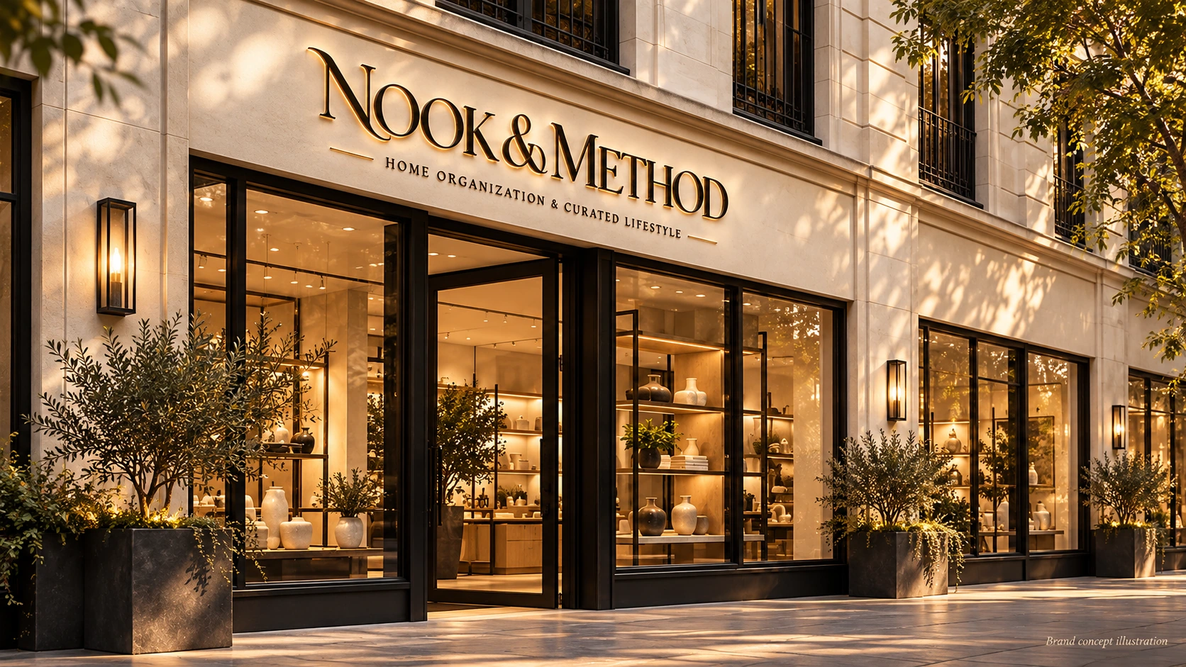 Conceptual illustration of an elegant Nook & Method storefront; not a real physical shop
